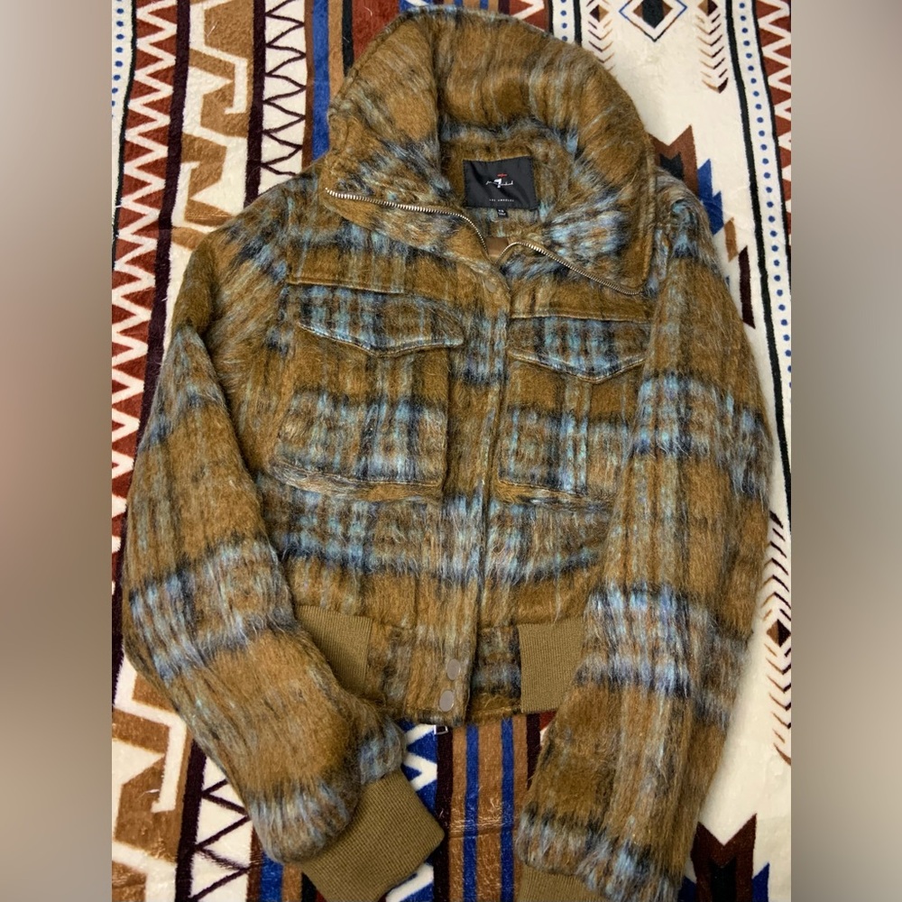 7 For All Mankind Brown and Blue Faux Fur Jacket - Picture 1 of 3